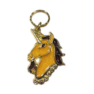 Crown Stain Glass Type Unicorn Keychain Orange/Yellow Gold Tone